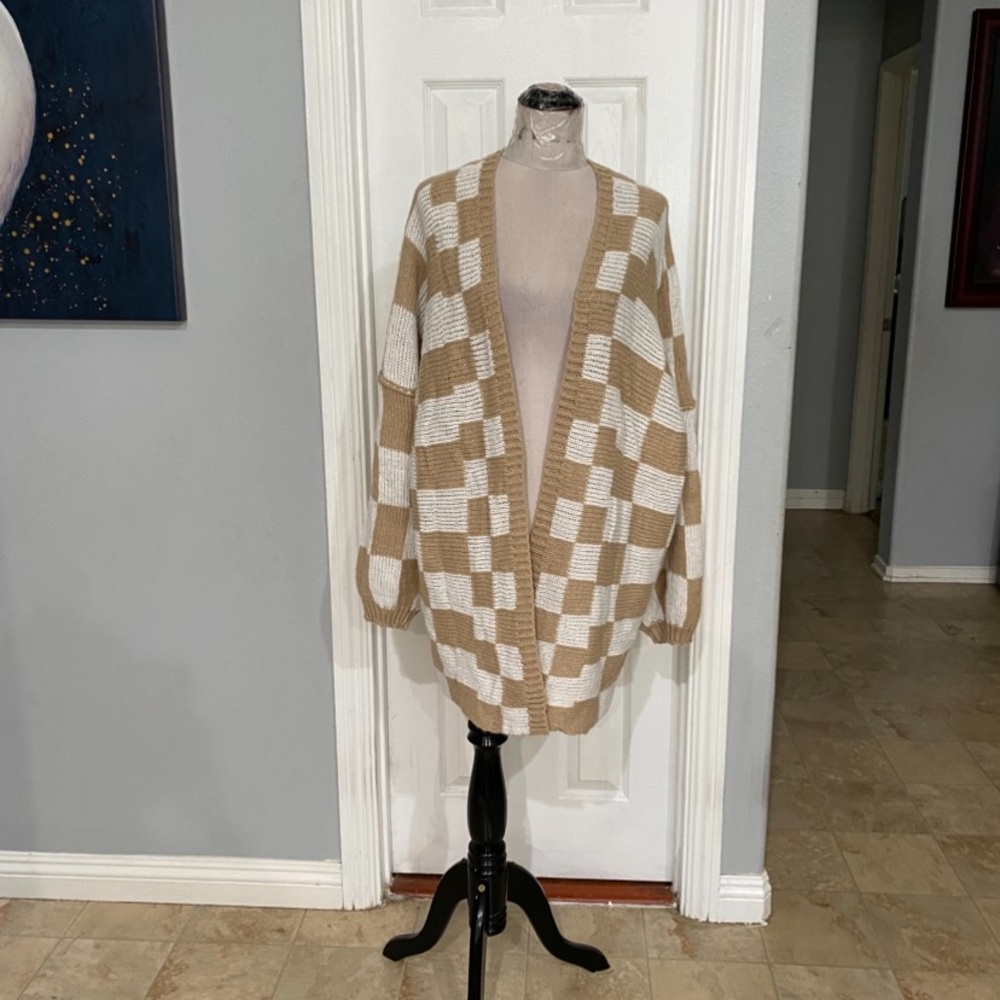 New Women XXL Brown Checkered Print Cardigan, Open Front - Picture 2 of 10